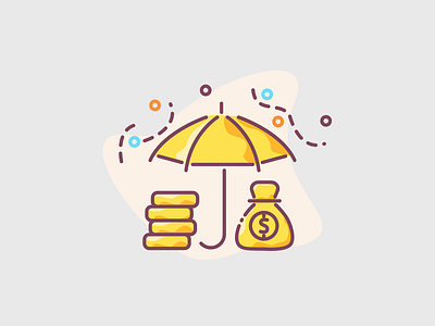 Umbrella with golden coins and money bag - saving concept