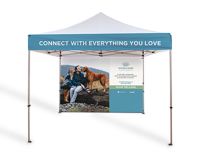 River's Edge Event Tent advertising blue branding marketing real estate signage tent