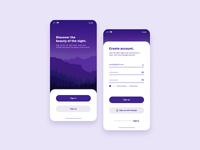 Daily UI #001 | Sign up app daily ui 001 dailyui 001 dailyui 1 dailyuichallenge flat minimal mobile mobile app design mountain night purple rounded rounded corners sign in sign in ui sign up sign up page ui vector