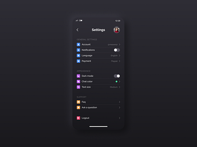 Daily UI #007 | Settings app app design dailyui dailyui 007 dailyuichallenge dark mode design minimal mobile app design neumorphism night settings settings page settings ui ui ux