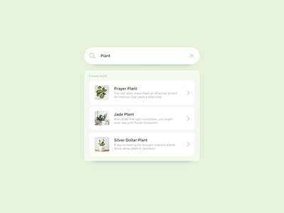 Daily UI #022 | Search cards dailyui dailyuichallenge frosted glass green minimal naturalistic pastel pastel color pastel colors pastel colours plant plants search search bar search results search ui