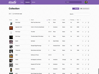 Vinylfy - Collection Page app collection data record table vinyl web web design website