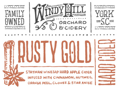 Rusty Gold alcohol anise apple beverage cider cinnamon drink family hand type juice label south carolina spices