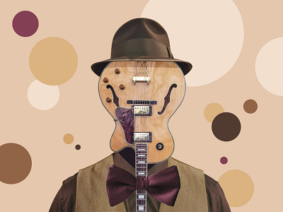 Guitar Man bow brown bubbles collage dots fedora guitar hat old retro tie vest