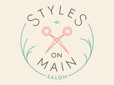 Styles On Main Logo badge circle circular flat hair lines logo peach salon scissors strokes teal