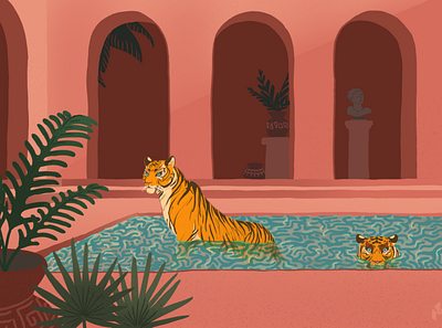 Tigers in the Pool art flat graphic art illustration pink pool print summer terracotta tiger tigers