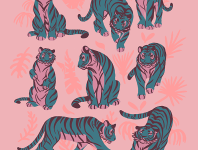 Blue Tigers on Pink big cats blue design flat graphic art illustration pattern pattern art pink print stripes tiger tropical leaves wild cat