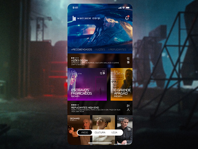 Wallace Corp. Home + Figma Template app available blade branding carousel cinema cinematographu cyberpunk design figma futuristic instagram mobile movie runner template ui