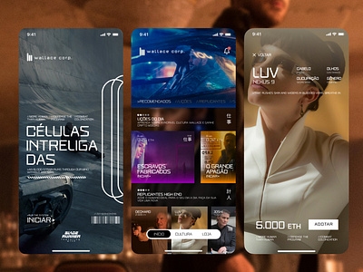 Wallace Corp. App + Figma Template app blade branding cyberpunk design figma future futurism futuristic home instagram mobile movie onboarding runner store template ui