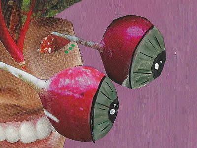 Begonia abstract collage eyes figure food mixed media paper paper arts radish serpent