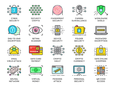 Cybersecurity Icons Set attack bitcoin crypto cyber cybersecurity ddos fingerprint icons minimal outline phishing security