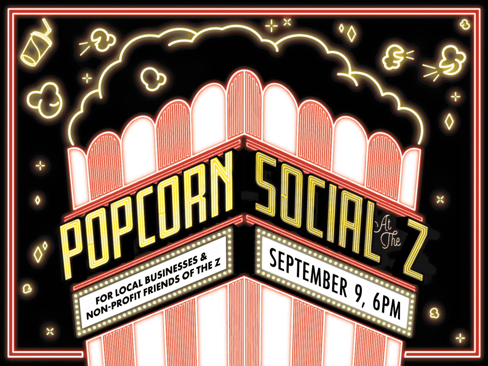 Popcorn Social | Invite boston lights movie theater movies neon neon lights neon sign new bedford nonprofit popcorn social theater typography vector z