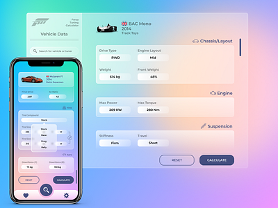 Forza Tuning Calculator glassmorphism iphone mobile app design pc responsive design ui ux web design