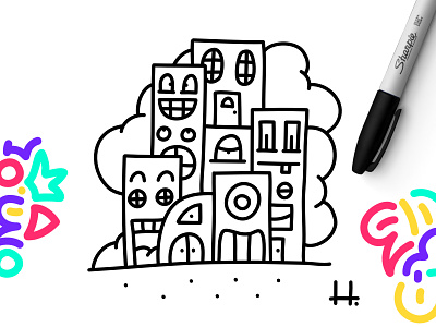 SMILES IN THE CITY 🏬 affinity designer black and white building cities city city illustration doodle drawing fun house illustration new york smile ville