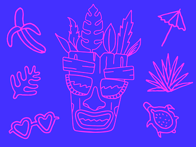 Icon design for Lueberry banana blue doodle fruit glasses heart illustration menu design pink plant restaurant tiki tropical umbrella