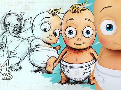 Wee Man 3d baby character evolution sketch