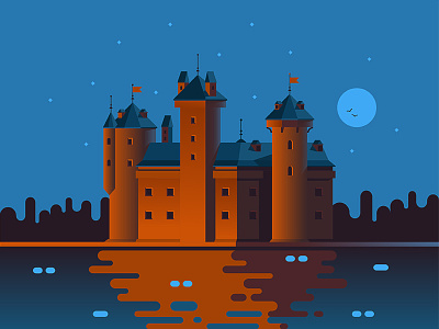 Castle bird castle flag illustration lake moon nature vector water