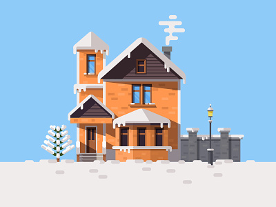 Day View Illustration of Winter House christmas house illustration lamp smoke snow tree window winter