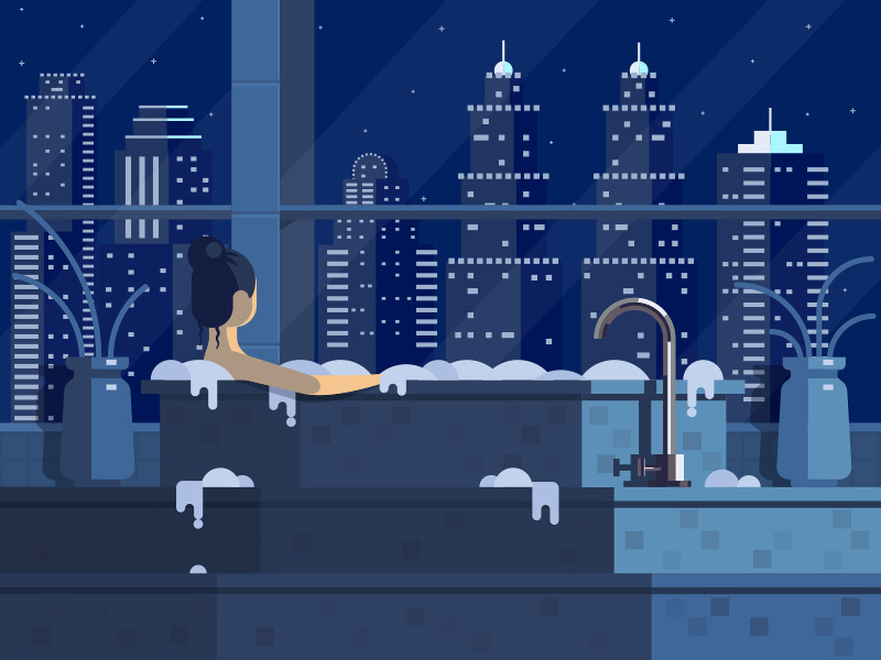 Relax Time :) jacuzzi light flower vase girl night city foam bathroom relax