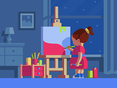 Little Artist :) artist brush color girl home house illustration night pencil summer window winter