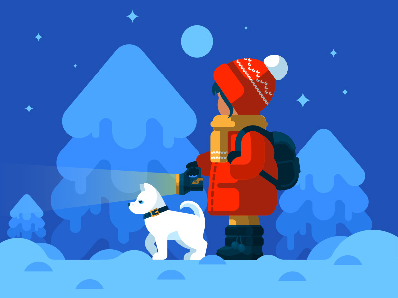 Adventure snow newyear girl haski illustration dog forest