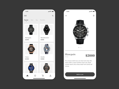 Mobile App: Luxury Watches Store app application concept design e commerce interface minimal mobile store ui ux watches web