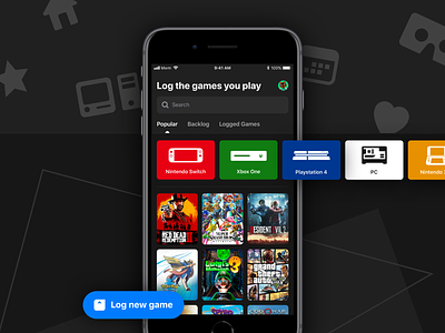 Video game logging app 3ds backlog dark icon iphone log logging memory card microsoft xbox mobile app mockup nintendo switch pc product review sony ps4 timeline ux ui design video game
