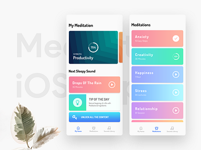 Meditation iOS App abstact app design best design clean colorful dailyui gradient iconography illustration ios meditation meditation app minimal nature tension ui ux