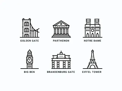 Famous Landmarks Icons design golden gate icons landmarks line minimal notre dame parthenon tourism travel wonders world