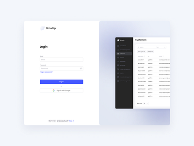 Admin panel — Login page app authorization dashboard design filters fintech login sign in simple table ui users ux web