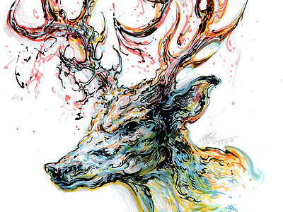 Deer With Bloody Antlers animal deer drawing marker mixed media pen pencil portrait traditional