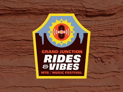 Rides & Vibes badge logo bike sprocket biking clean cog desert illustration logo mountain biking music festival race