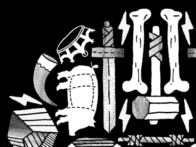 Mightyfest X bones collage crown hammer horn mighty pig sword thor