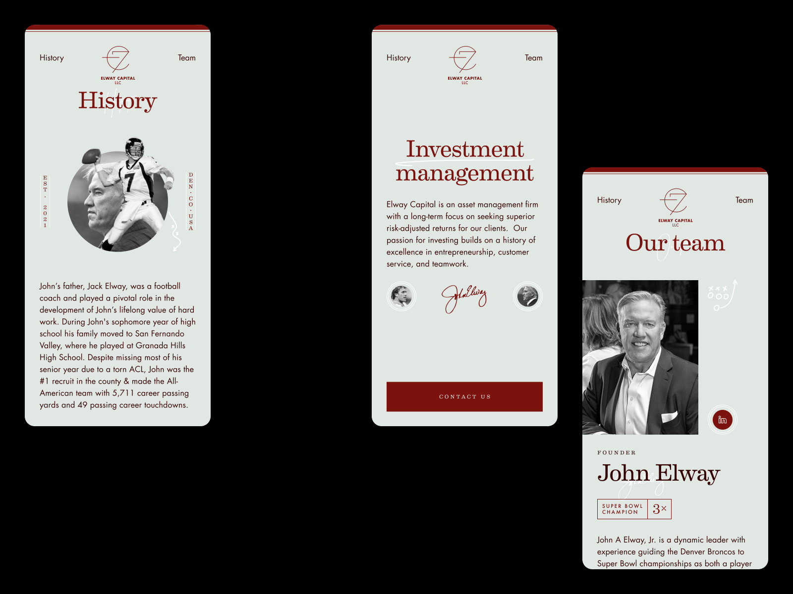 Elway Capital - 07 american football clean design elegant john elway landing layout minimal mobile responsive sport typography ui ux