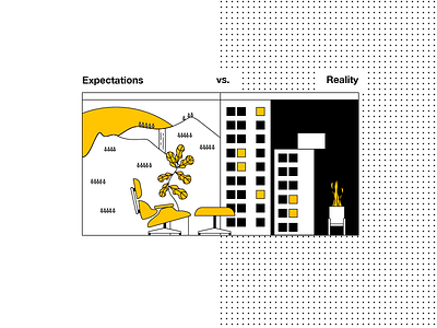 Expectations vs. Reality building eames forest illustration lines mountain pattern plant sunset vector view waterfall
