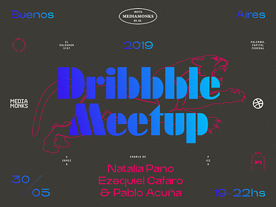 Dribbble Meetup #02 - Buenos Aires (Playoff) argentina blue buenos aires composition futura hand drawn illustration layout modern panther pink symmetrical symmetry trash typography