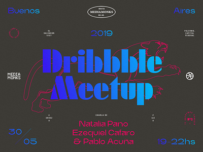 Dribbble Meetup #02 - Buenos Aires (Playoff) argentina blue buenos aires composition futura hand drawn illustration layout modern panther pink symmetrical symmetry trash typography