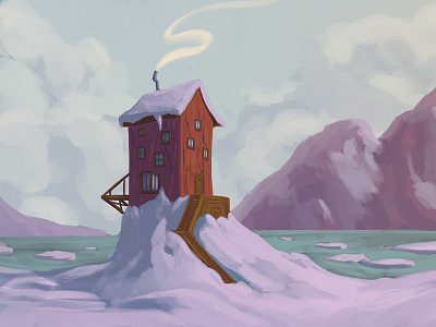 In the Snow, By the Sea house illustration mountains sea snow