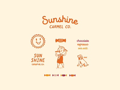 Sunshine Carmel Co. candy carmel dog flavor illustration kids logo retro sun type vintage