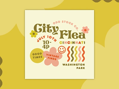 City Flea Event Social Media Graphic 70s branding design flea market floral funky groovy illustration logo post retro shop social media type vintage