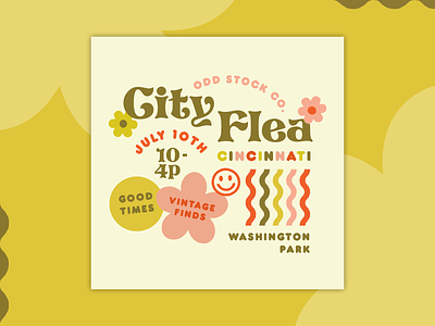 City Flea Event Social Media Graphic 70s branding design flea market floral funky groovy illustration logo post retro shop social media type vintage