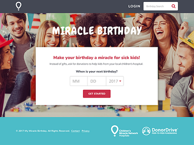 My Miracle Birthday birthday charity date donate fundraising homepage non profit select simple ui web website