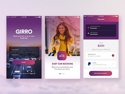 Girro app - Car booking app booking app car carpool graphic design mobile app onboard payment splash ui design user interface
