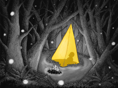 Camping acrylic camp camping fireflies forest illustration ink pen pen and ink tent trees yellow