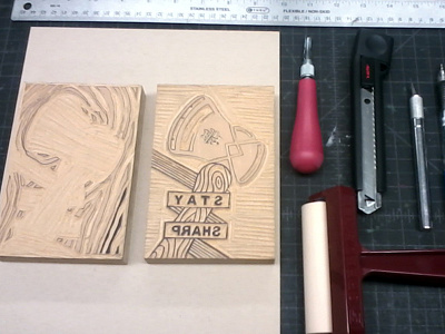 Stay Sharp axe block cool hatchet linocut print printmaking wood block