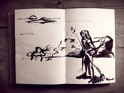 ThINKer samurai ink drawing wind trees