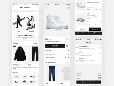 Brandshop E-commerce App Concept app black clean clothes clothing design e commerce flat marketing online shop shopping sneakers store ui ux web white
