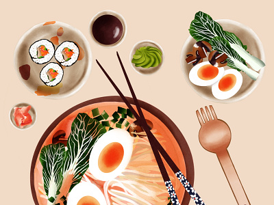 Japanese Dinner branding digital illustration food illustration japan japanese food packaging illustration packagingdesign procreate ramen sushi sushi roll