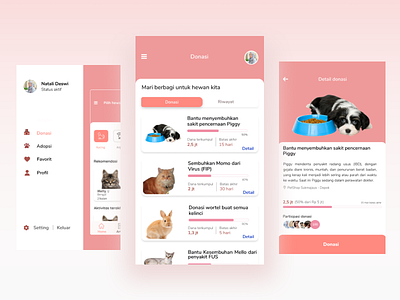 Charity Menu Pet Adoption App animal app design application card charity clean design mobile payment pink ui