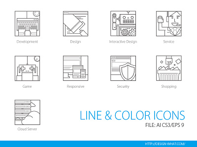 Line&Color ICONs cloud development flat game interactive design line responsive security service shopping web icon